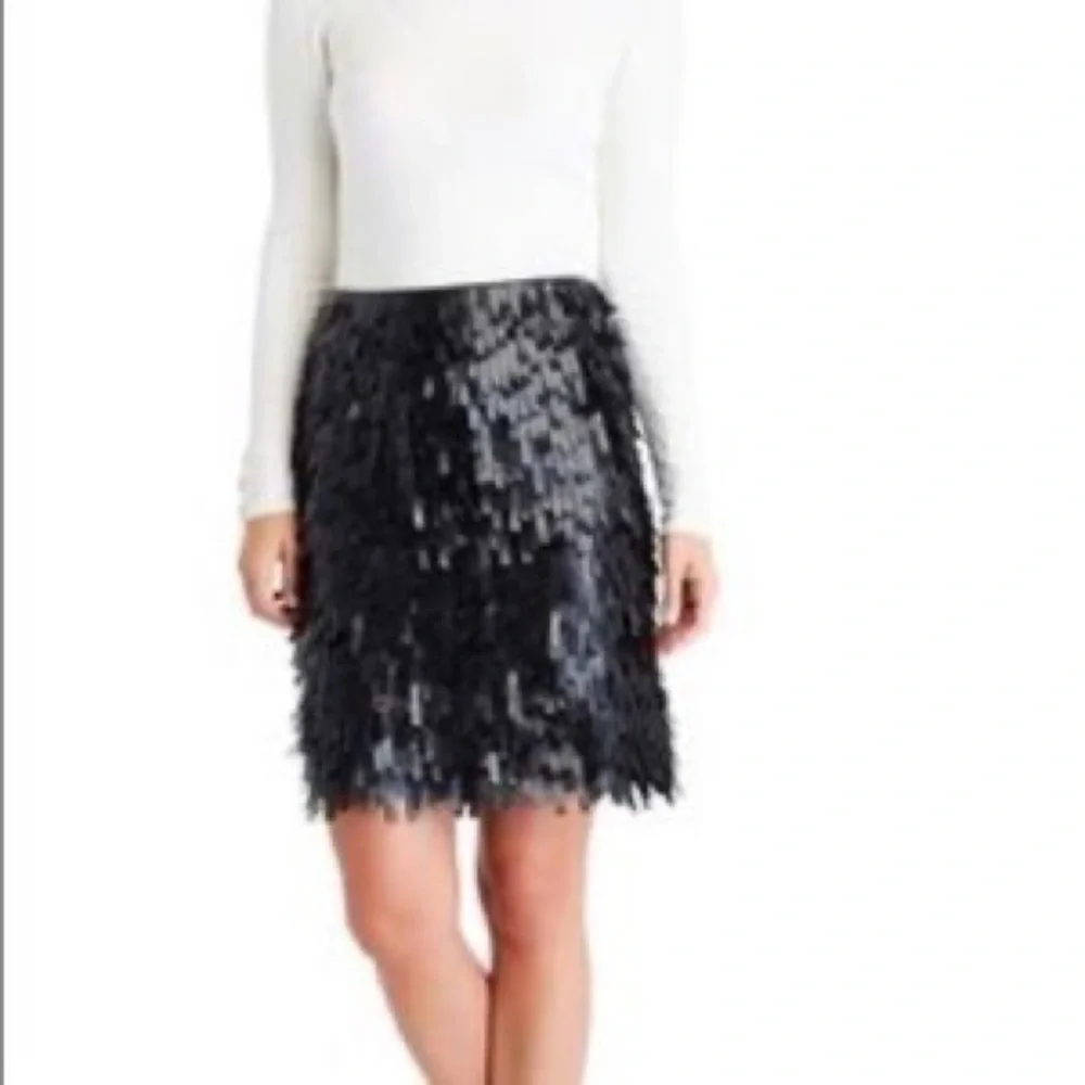 New J McLaughlin Black Vegan Leather Fringe Skirt Fun Spring Summer - Picture 2 of 8